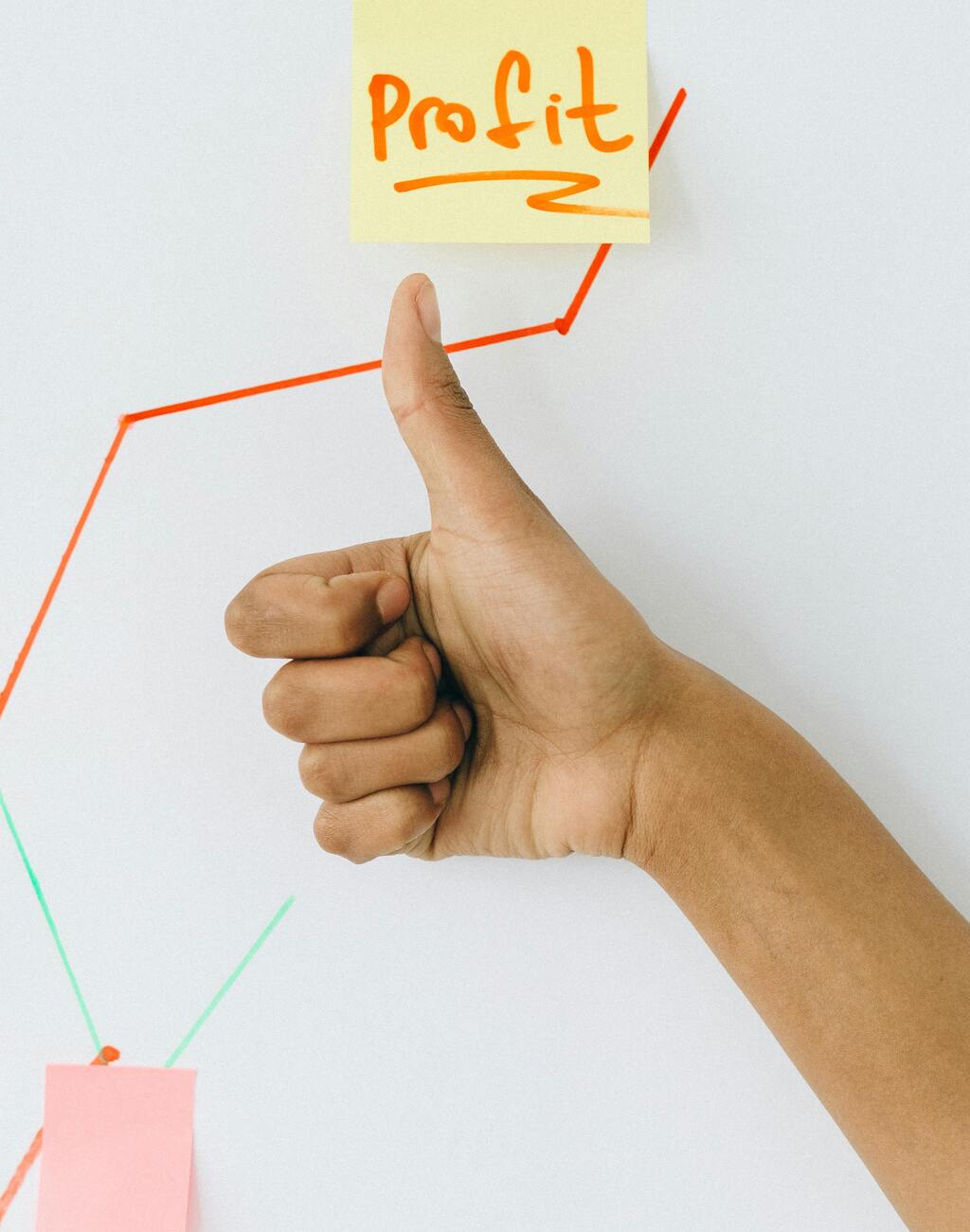 A hand making a thumbs up gesture in front of a chart with ascending lines and a sticky note that says "profit".